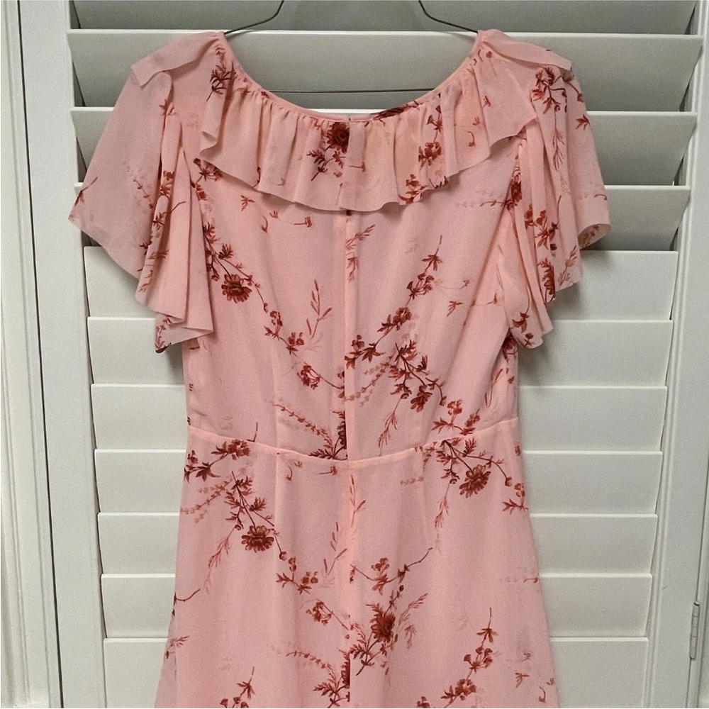Cinq a Sept Fleur Sheila Faux Wrap dress. pale roseFloral Pink Ruffle Wrap Dress - Picture 11 of 15